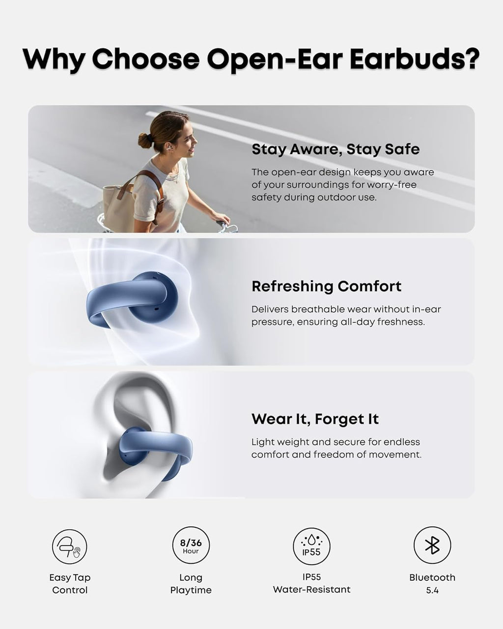 Soundcore AeroClip by Anker, Open-Ear Earbuds, Clip-On Headphones, Adaptive Comfort, Clear Calls with 4 Mics and AI, Stable Fit, 12mm Drivers for Powerful Bass, Hi-Res, Open-Ring Design
