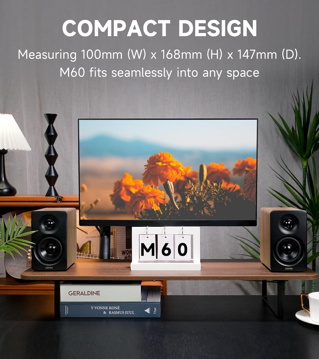 Edifier M60 Multimedia Speaker Bluetooth 5.3, 66W RMS, Hi-Res Audio & Hi-Res Wireless Audio, LDAC,3" Mid Bass & 1" Tweeter, USB-C & Aux Inputs, Compact Desktop Speaker – Classic Oak (Renewed)