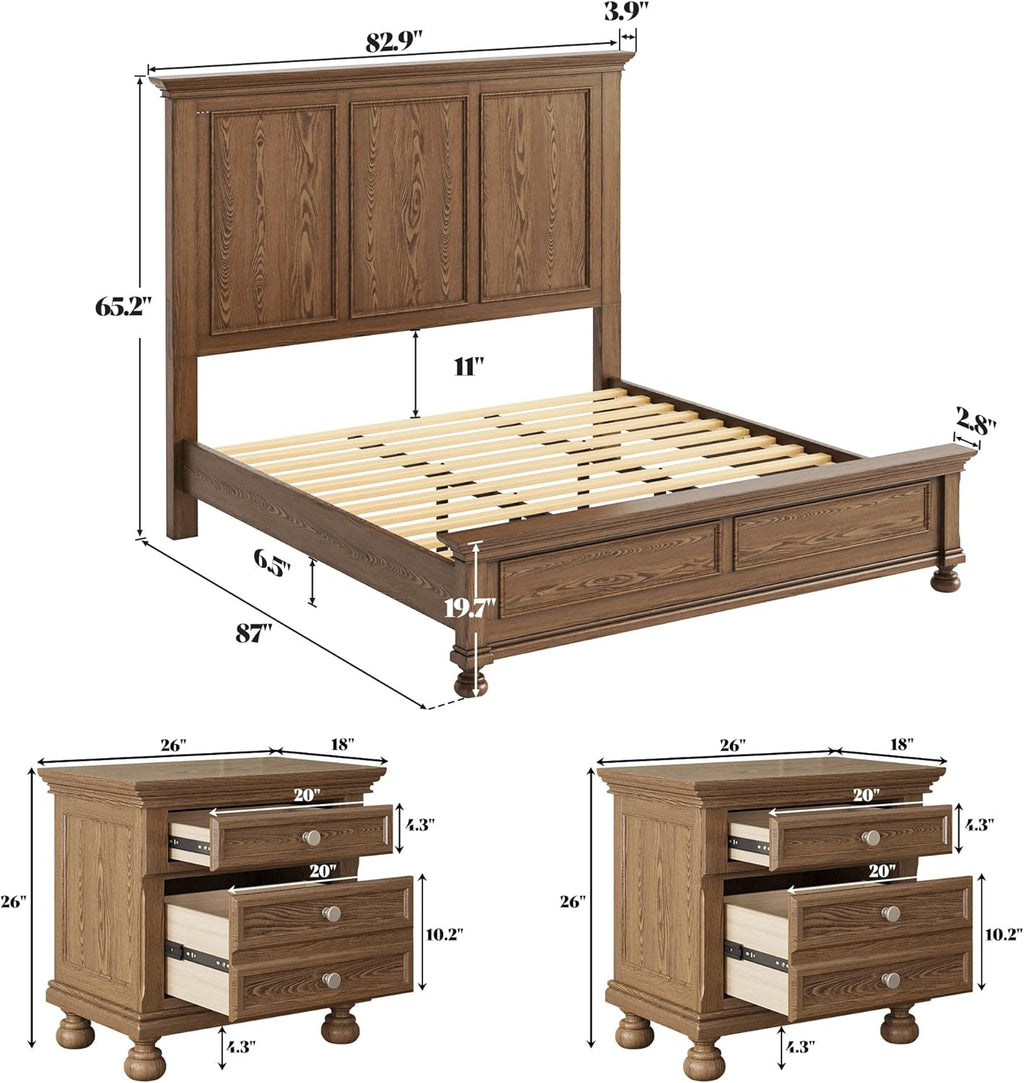 AMERLIFE Solid Wood 3 Piece Bedroom Set Including 65.2" High King Bed Frame, Fully Assembled Nightstands Set of 2 with 2 Storage Drawers for Bedroom, Light Brown