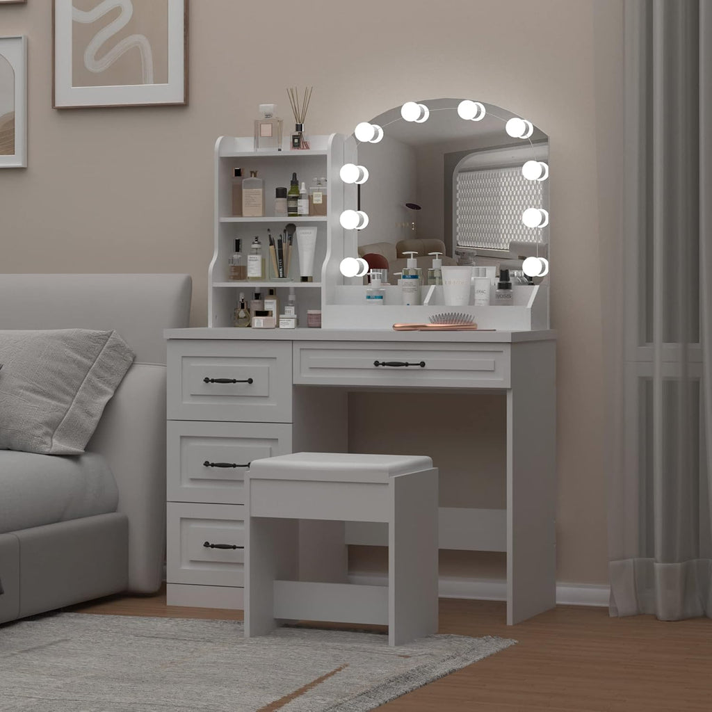 Vabches Makeup Vanity Desk with Mirror and Lights & Power Outl,White Dressing Table 3 Lighting Colors, 4 Drawers, Makeup Vanity Set for Bedroom