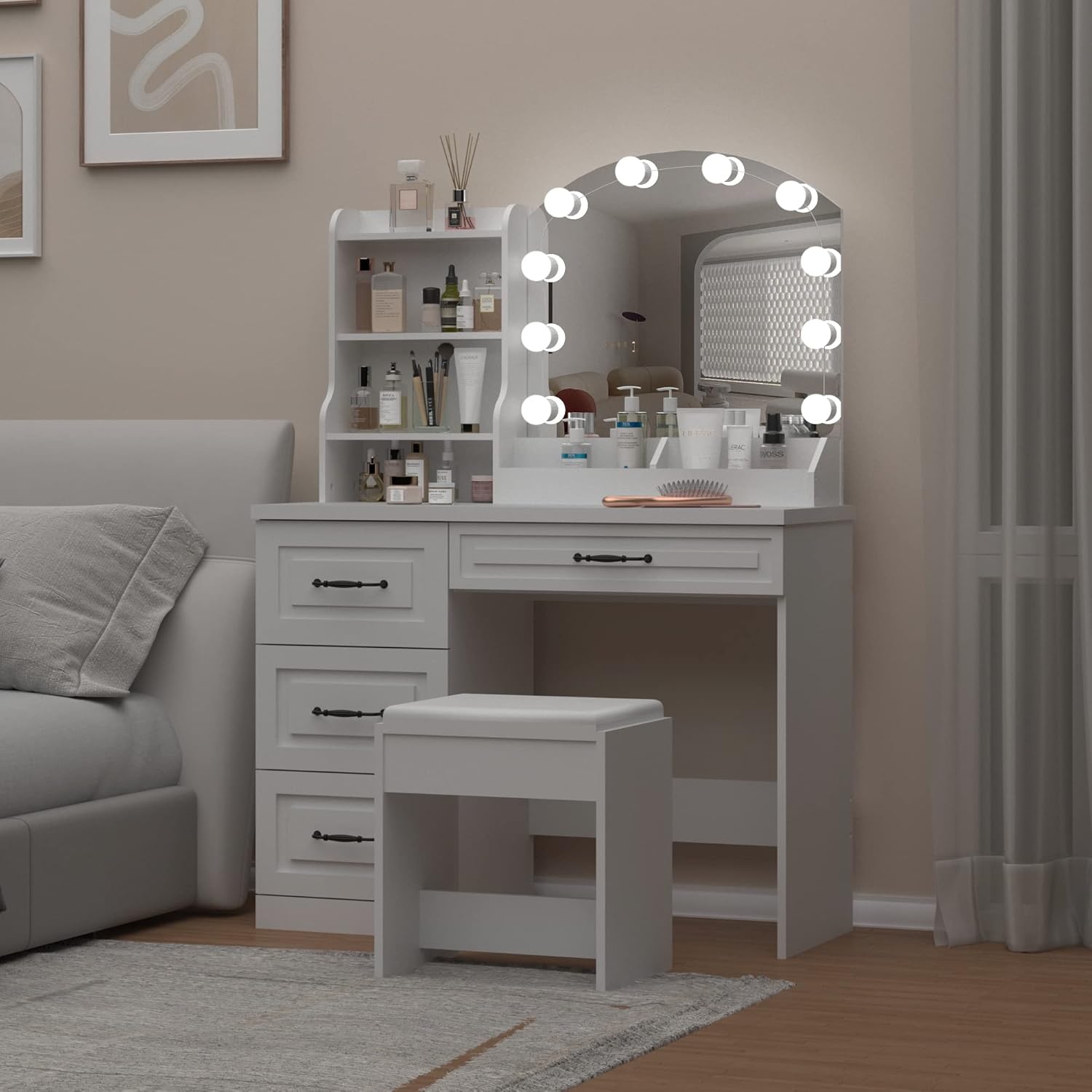 Vabches Makeup Vanity Desk with Mirror and Lights & Power Outl,White Dressing Table 3 Lighting Colors, 4 Drawers, Makeup Vanity Set for Bedroom
