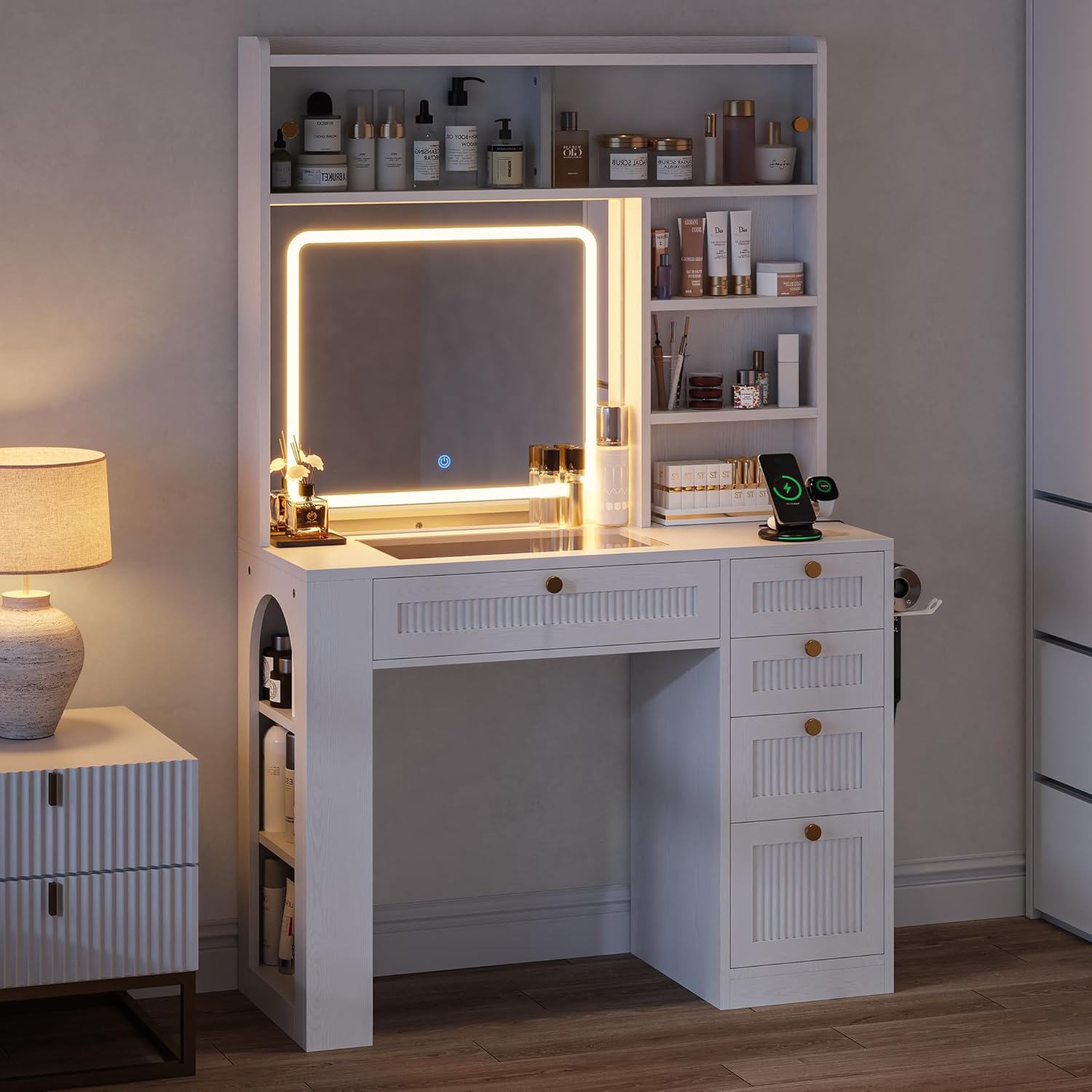 IRONCK Vanity Desk with LED Lighted Mirror, 3-Color Dimmable Makeup Vanity with Glass Top & Charging Station & Hair Dryer Holder, 4 Drawers & Open Shelves, 63" H Vanity for Bedroom, White