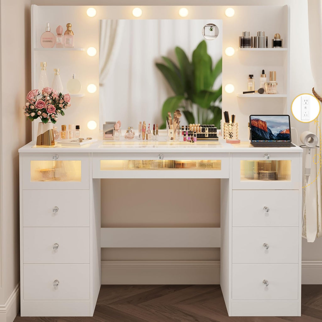 White Vanity with Lighted 23.5” Mirror, Glass Top Vanity Desk with 9 Drawers & 3 Color Hollywood Bulbs & 4 Shelves & Acrylic & Power Outlet, Makeup Desk Dressing Table for Bedroom