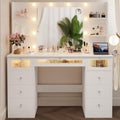 White Vanity with Lighted 23.5” Mirror, Glass Top Vanity Desk with 9 Drawers & 3 Color Hollywood Bulbs & 4 Shelves & Acrylic & Power Outlet, Makeup Desk Dressing Table for Bedroom