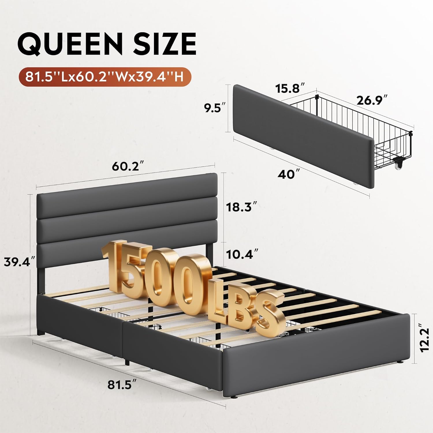 WLIVE Queen Size Upholstered Bed Frame with 4 Storage Drawers and Headboard, Velvet Platform Bedframe, Sturdy Metal & Wooden Slats Support, No Box Spring Needed, Easy Assembly, Dark Grey