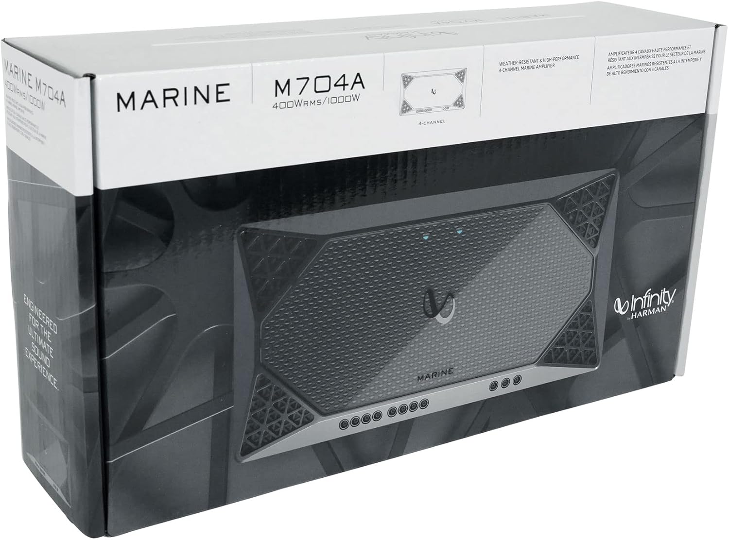 Audiosavings Bundle:(1) Infinity M704A 400w RMS 4 Channel Marine Amplifier Class D Boat Amp Bundle with (1) Rockville RWK42 4 Gauge 4 Chan Car Amp Wiring Installation Wire Kit (2) RCA's (Items 2)