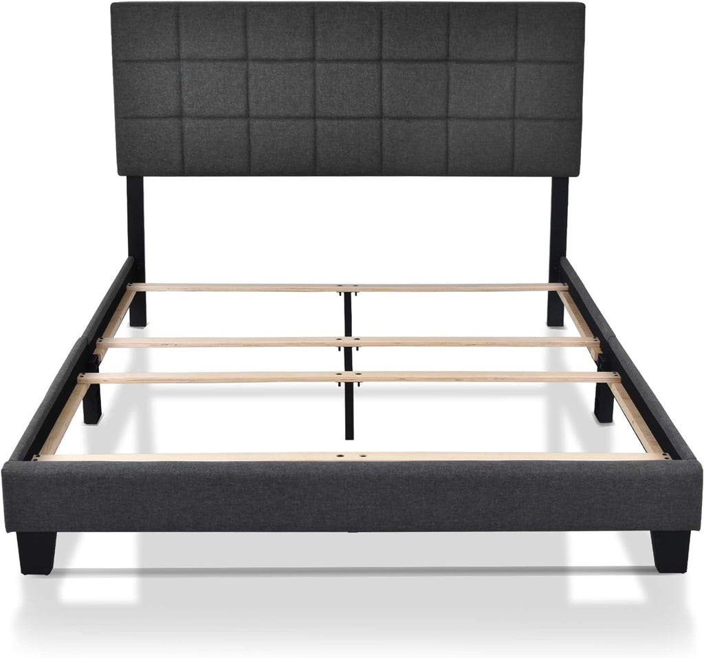 Allewie Queen Size Panel Bed Frame with Adjustable Headboard for High Profile/Fabric Upholstered/Square Stitched Padded Headboard/Box Spring or Bunkie Board Required/Dark Grey