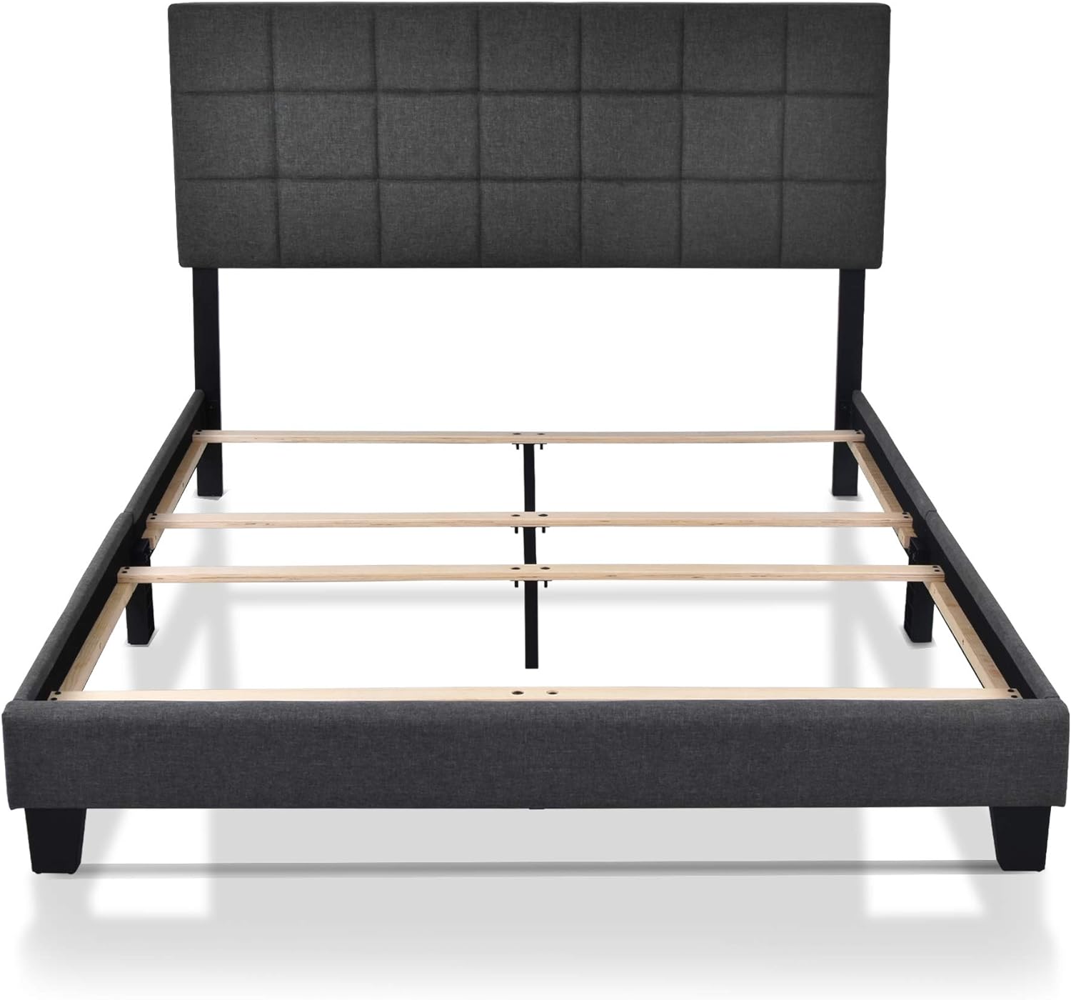 Allewie Queen Size Panel Bed Frame with Adjustable Headboard for High Profile/Fabric Upholstered/Square Stitched Padded Headboard/Box Spring or Bunkie Board Required/Dark Grey