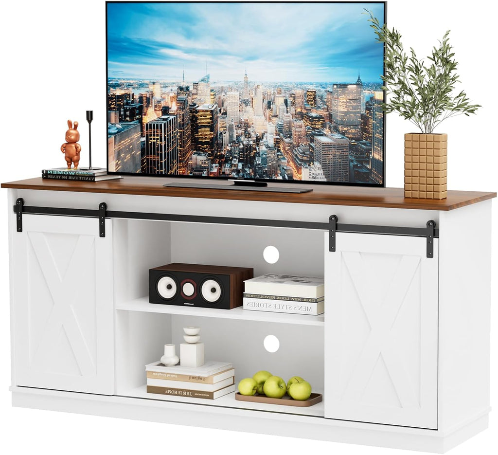 DUMOS TV Stand for 65 Inch TV, Entertainment Center with Storage Shelves, Mid Century Modern Media TV Console Table for Bedroom Living Room, Office Furniture, White