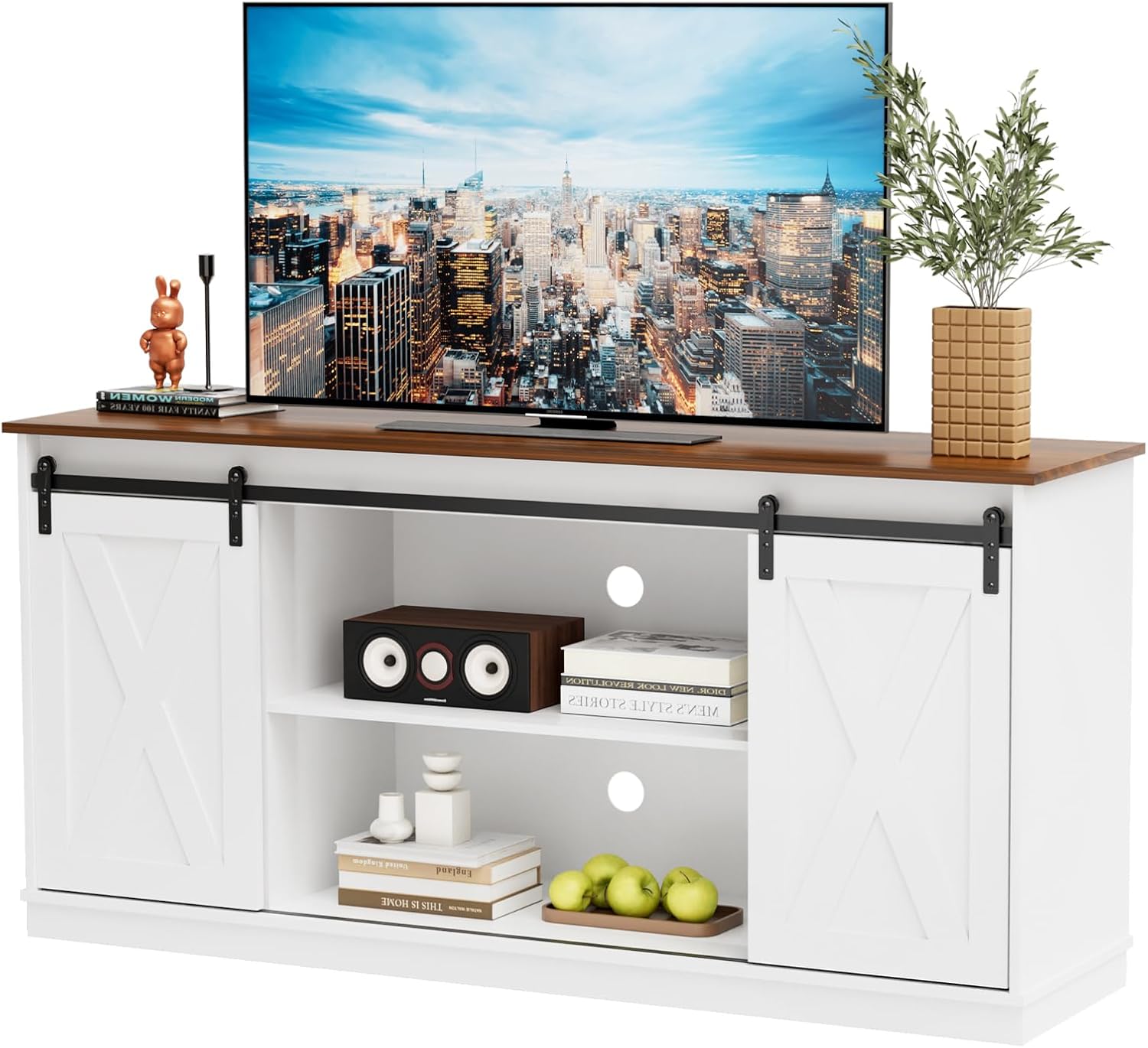 DUMOS TV Stand for 65 Inch TV, Entertainment Center with Storage Shelves, Mid Century Modern Media TV Console Table for Bedroom Living Room, Office Furniture, White