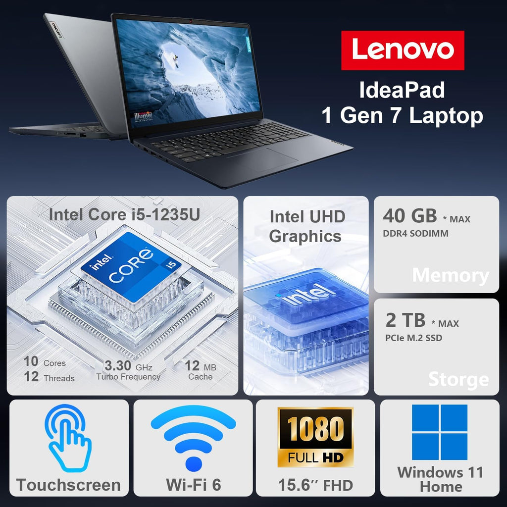 Lenovo IdeaPad 1i Laptop, 15.6" FHD Touchscreen, Intel Core i5-1235U Processor, 16GB RAM, 512GB SSD, Webcam, HDMI, Wi-Fi 6, Windows 11 Home, Blue