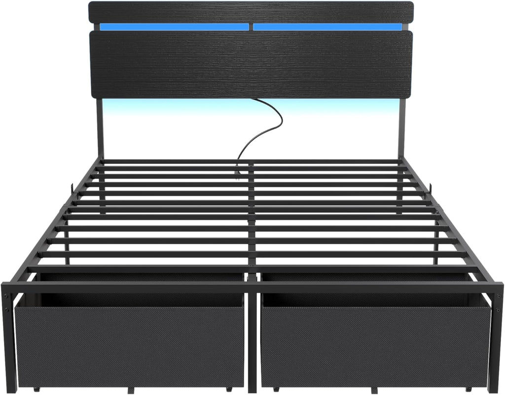 Forestell Queen Bed Frame with Wood Headboard, Black Platform Bed with 2 Storage Drawers & Shelf, Built-in Charging Station & LED Lights, Metal Support, No Box Spring Needed, Cama Queen Size