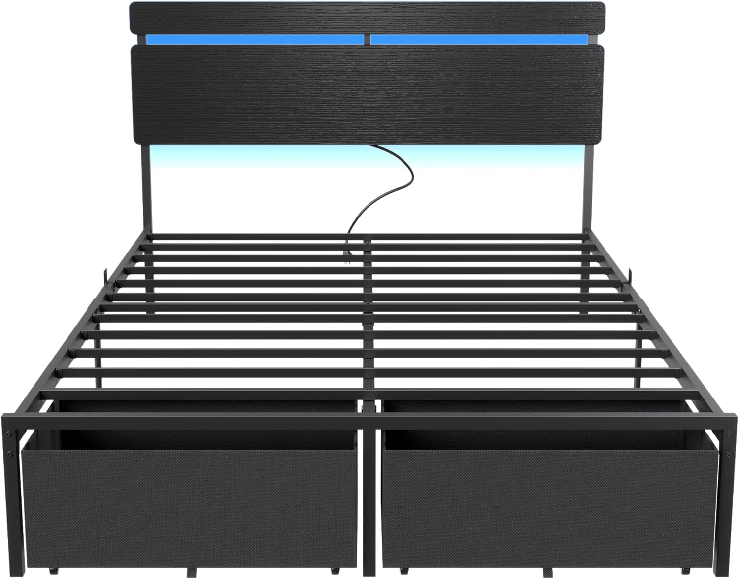 Forestell Queen Bed Frame with Wood Headboard, Black Platform Bed with 2 Storage Drawers & Shelf, Built-in Charging Station & LED Lights, Metal Support, No Box Spring Needed, Cama Queen Size