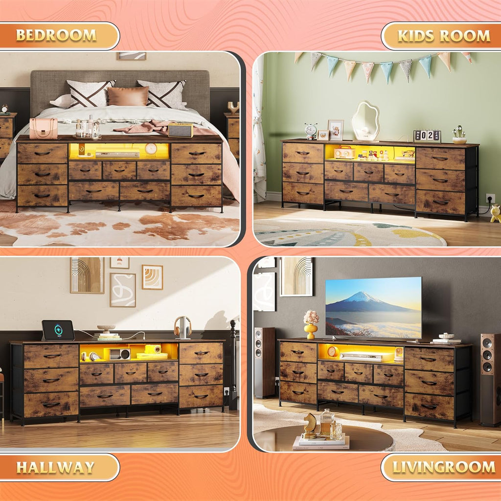 WLIVE 75.5" TV Stand for 65, 75, 80, 85 Inch TV, Dresser for Bedroom with Power Outlets & LED Lights, 11 Drawer Fabric Dresser with Open Shelves, Entertainment Center with Storage, Rustic Brown