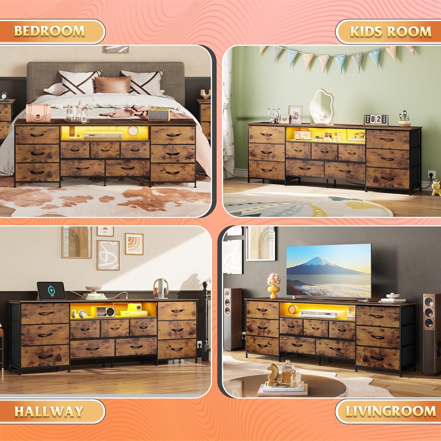 WLIVE 75.5" TV Stand for 65, 75, 80, 85 Inch TV, Dresser for Bedroom with Power Outlets & LED Lights, 11 Drawer Fabric Dresser with Open Shelves, Entertainment Center with Storage, Rustic Brown
