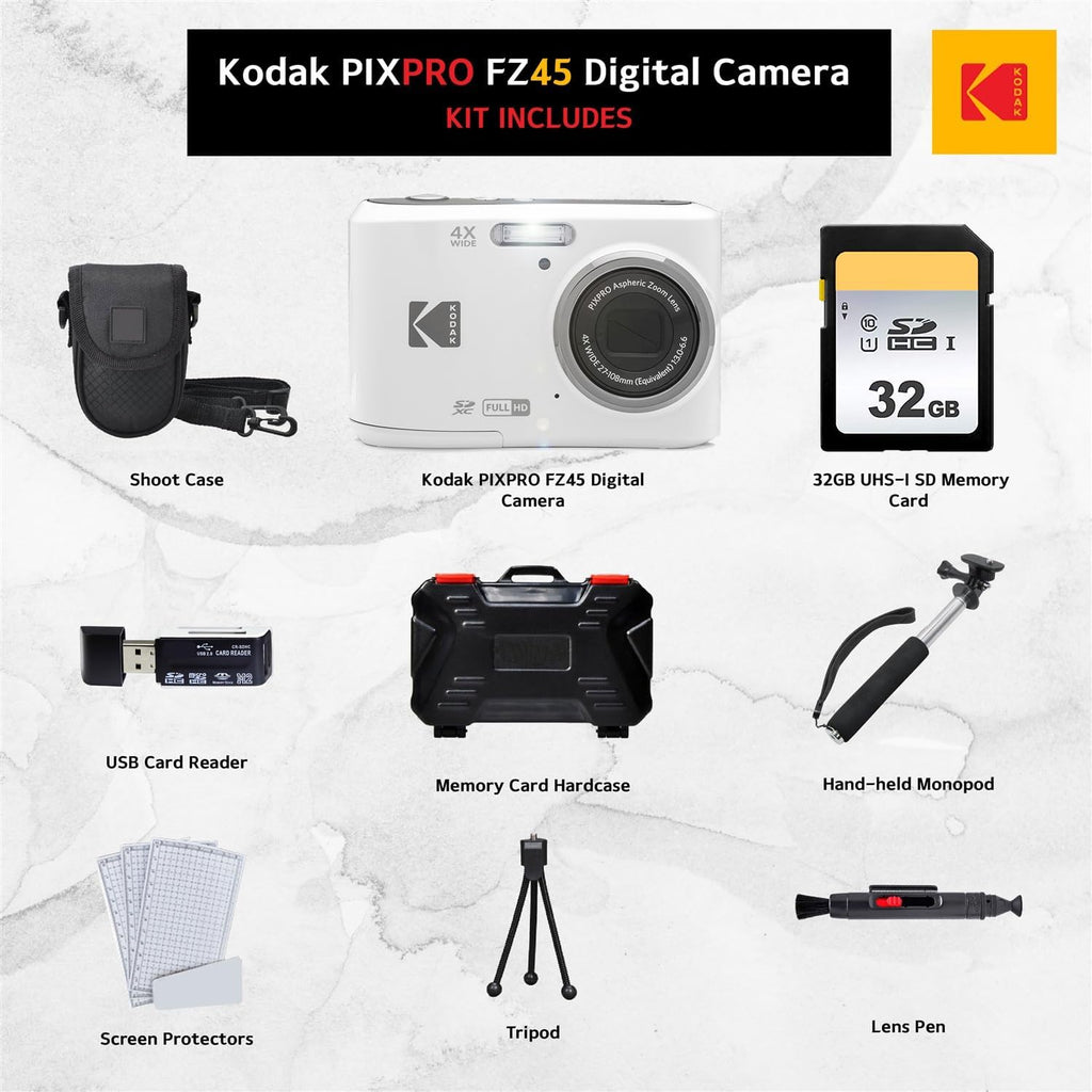 Kodak PIXPRO FZ45 Digital Camera (White) + 32GB Memory Card + Point and Shoot Camera Case + Extendable Monopod + Lens Cleaning Pen + LCD Screen Protectors + Table Top Tripod – Ultimate Bundle