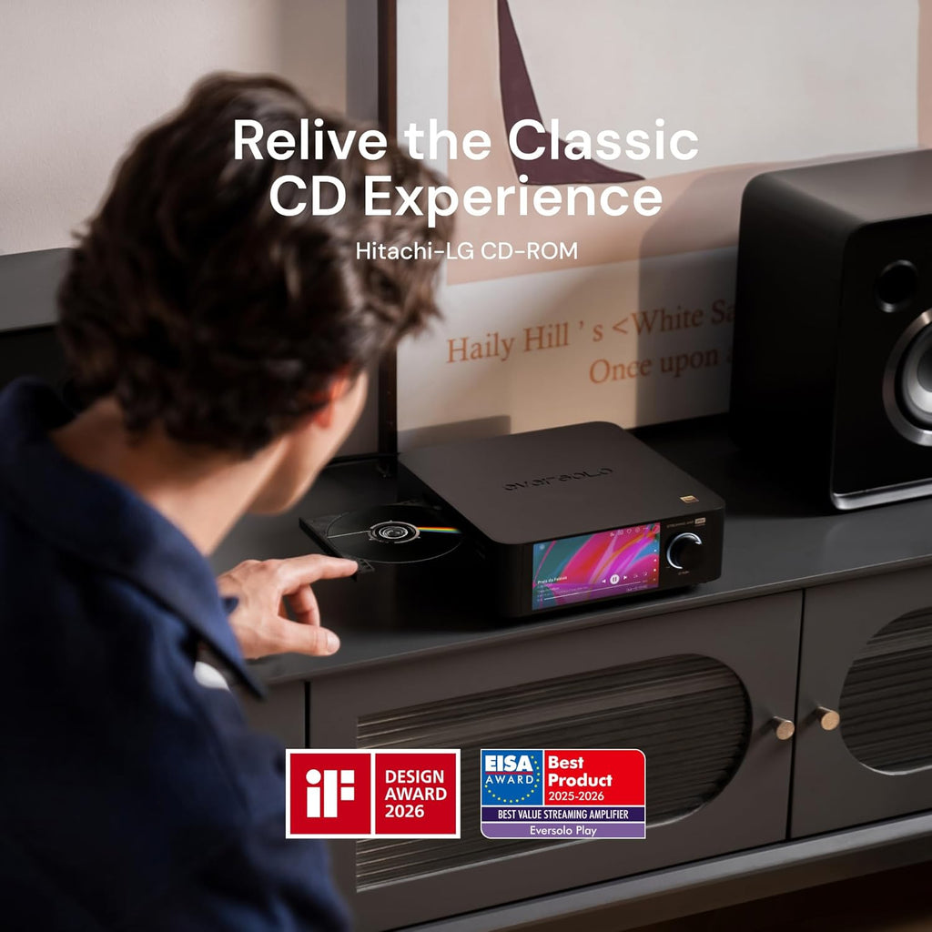 Eversolo Play | Music Streamer with DAC & Amplifier 60W×2ch(8Ω) / 110W×2ch(4Ω) | 5.5" LCD Touchscreen, Support Room Correction & Multi Room System, Stream Qobuz, Tidal&More | Black (CD Edition)
