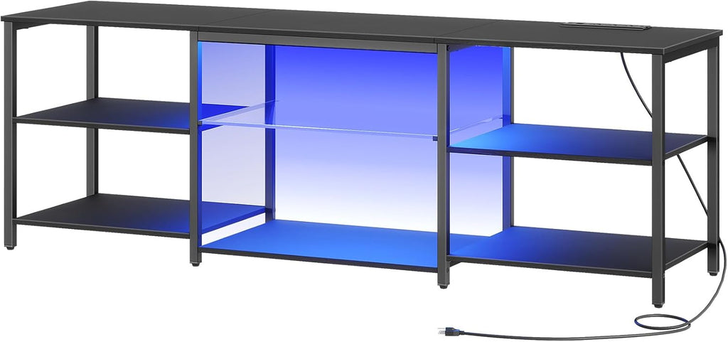 HOOBRO LED TV Stand for 75 Inch TVs with Charging Station, Gaming Entertainment Center with 3-Tier Open Storage, Long 70.1” Media TV Console Table, TV Stand for Living Room, Bedroom, Black BB22UDDS01