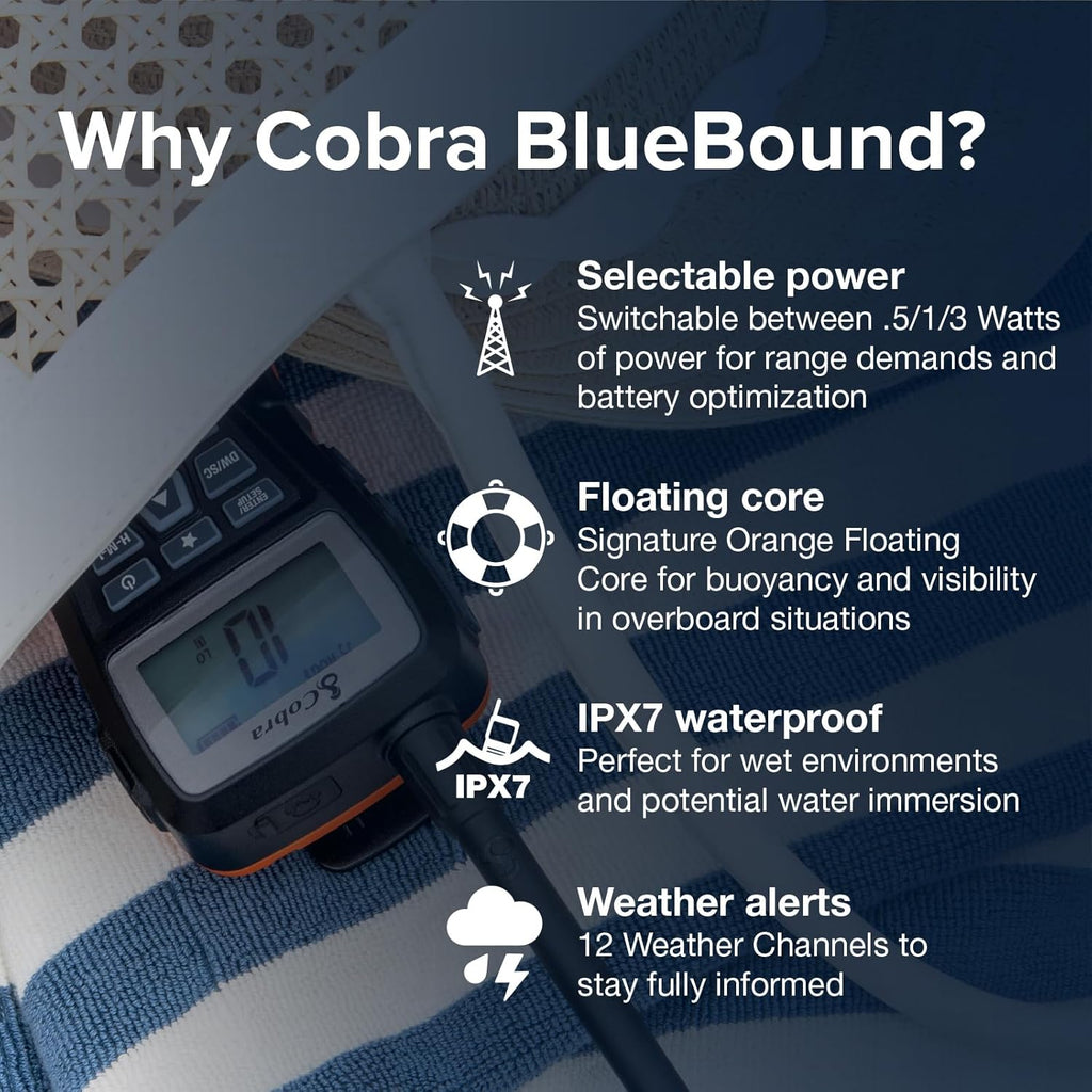 Cobra BlueBound 150 VHF Handheld Marine Radio - Black - 3-Watt, Floating, Long Range, NOAA Weather Alerts, International Functionality, IPX7 Waterproof, USB-C, Submersible, LCD Screen, Belt Clip