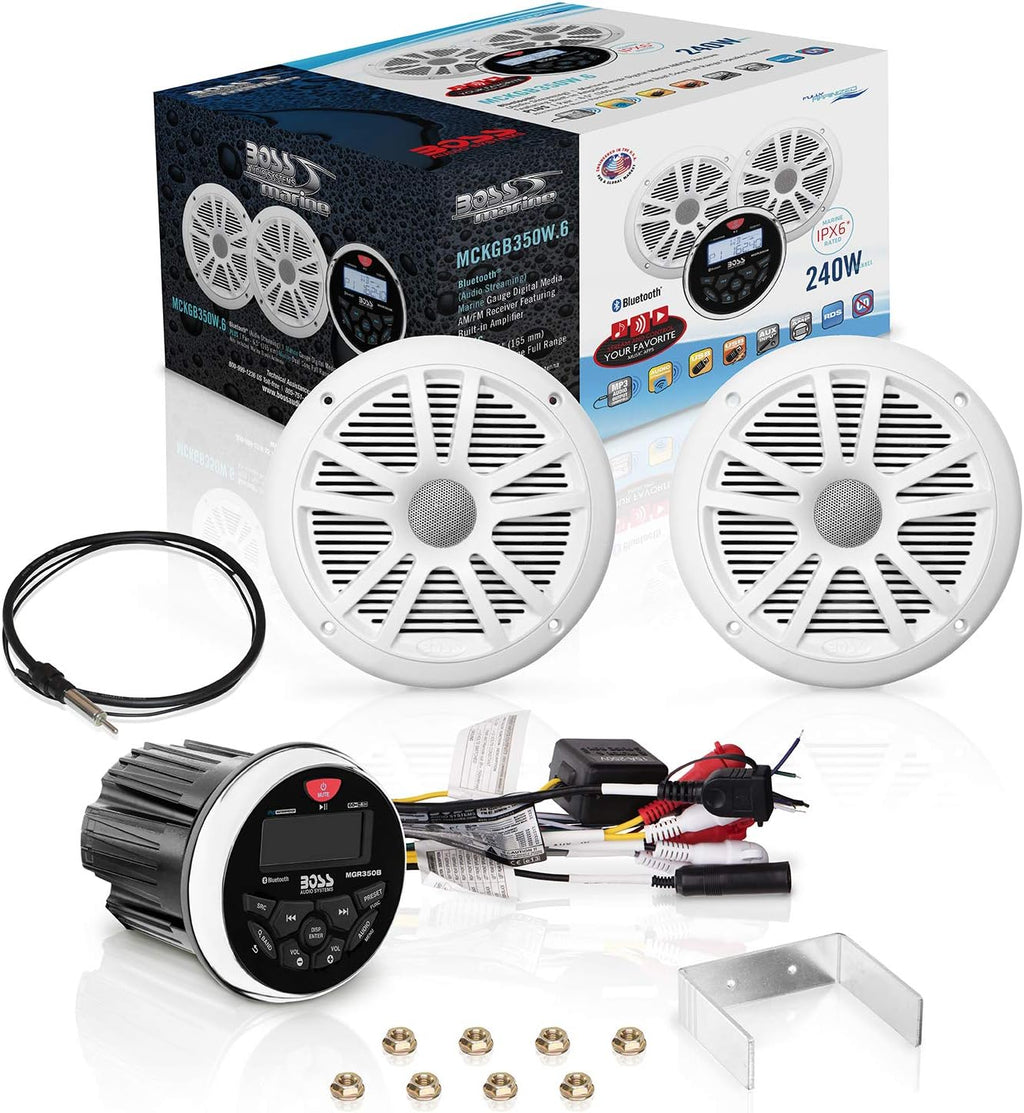 BOSS Audio Systems MCKGB350W.6 Weatherproof Marine Gauge Receiver and Speaker Package - IPX6 Receiver, 6.5 Inch Speakers, Bluetooth Audio, USB/MP3, AM/FM, NOAA Weather Band Tuner, no CD Player