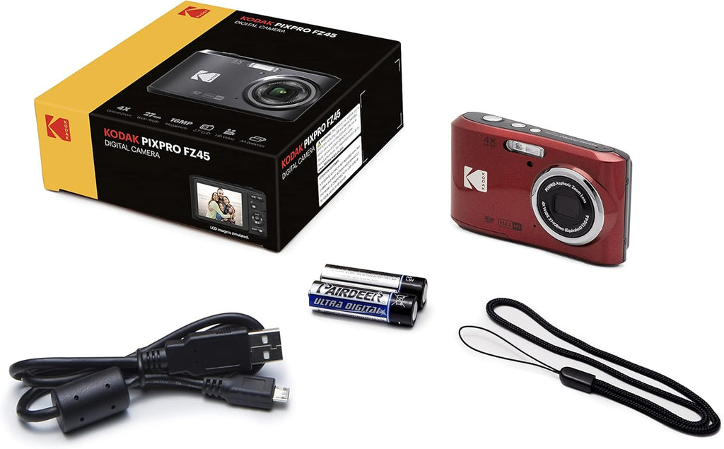 Kodak PIXPRO FZ45 Digital Camera + Black Point & Shoot Camera Case + Transcend 64GB SD Memory Card + Tri-fold Memory Card Wallet + Hi-Speed SD USB Card Reader + More! (Red)
