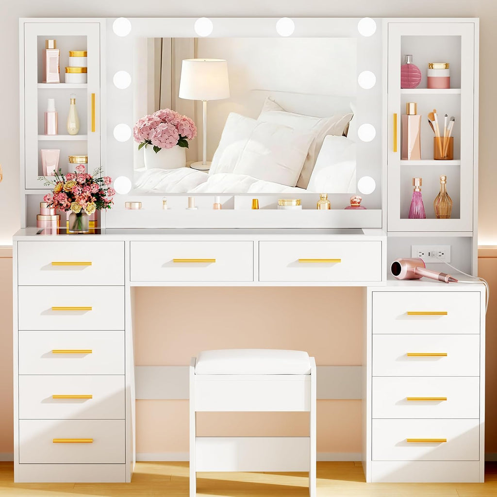 53.15" Large Vanity Desk with Mirror and Lights,White Makeup Vanity with Glass Top Power Outlet Vanity Table with 11 Drawers 6 Shelves Dressing Table Stool Set for Bedroom Women UXFST008W