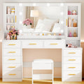 53.15" Large Vanity Desk with Mirror and Lights,White Makeup Vanity with Glass Top Power Outlet Vanity Table with 11 Drawers 6 Shelves Dressing Table Stool Set for Bedroom Women UXFST008W