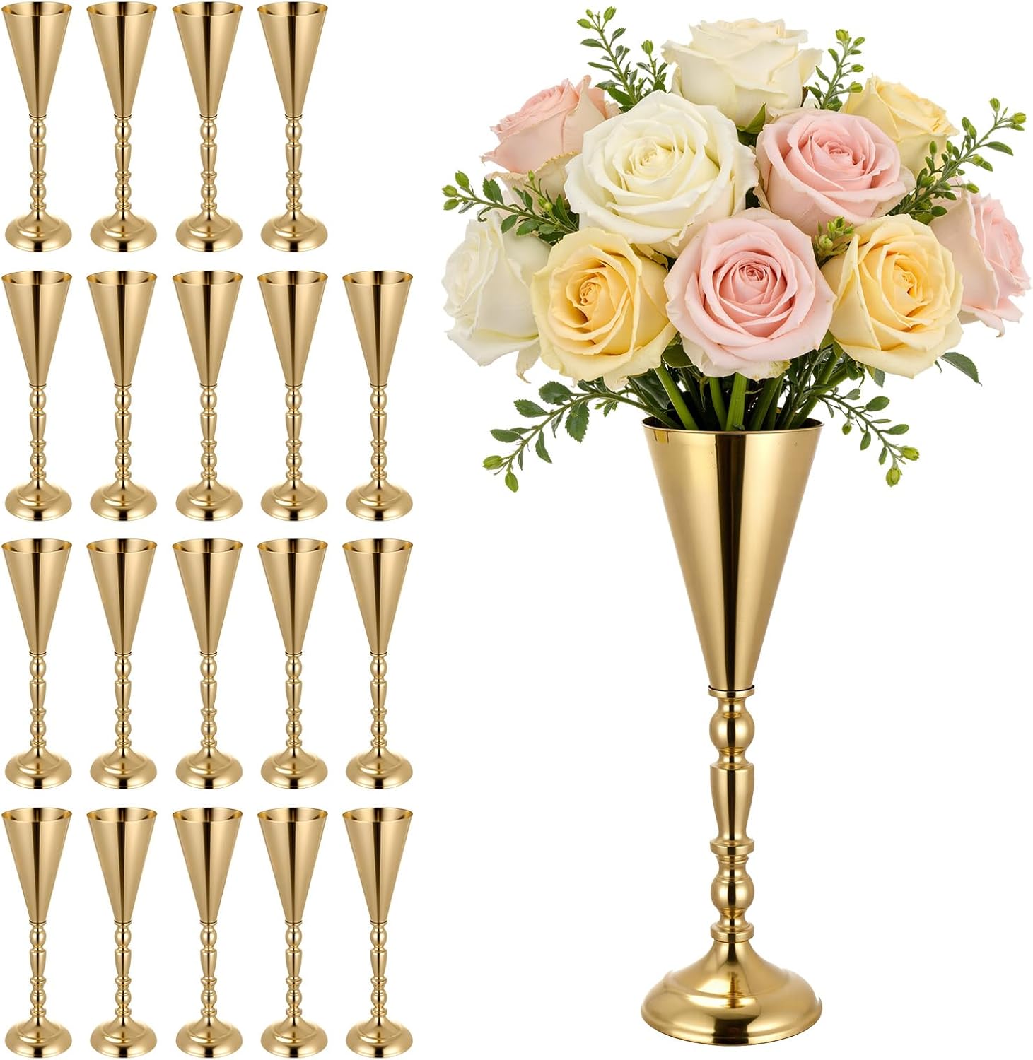 VEVOR 20 PCS Wedding Flower Vase, 16.9 in Tall Trumpet Flower Table Centerpieces, Banquet Vases Easy Installation, Electroplated Versatile Arrangement Stand for Party Events Home Decor Reception, Gold