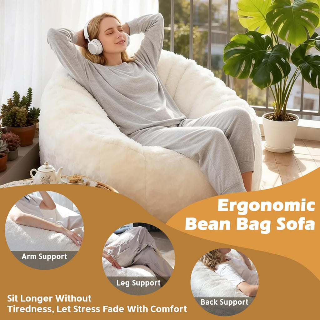 Giant Bean Bag Chair for Adults, Teens and Kids, Cozy Fluffy Corduroy Beanbag Chair with Filler, Large Floor Lounge Sofa for Living Room, Bedroom, Dorm, Gaming and Reading(L-Ivory)