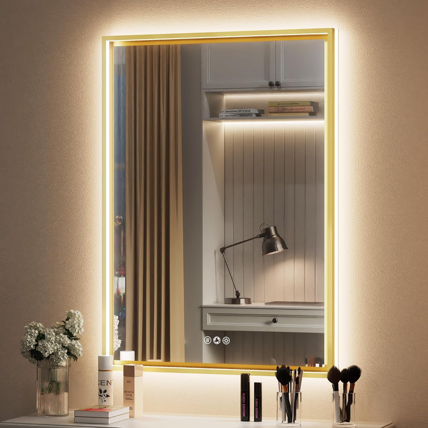 20x28 Inch Gold LED Mirror for Bathroom with Frontlit and Backlit, Adjustable 3000K/4500K/6000K, Wall Mounted Lighted Bathroom Vanity Mirror, Stepless Dimmable, Anti-Fog, Memory Function
