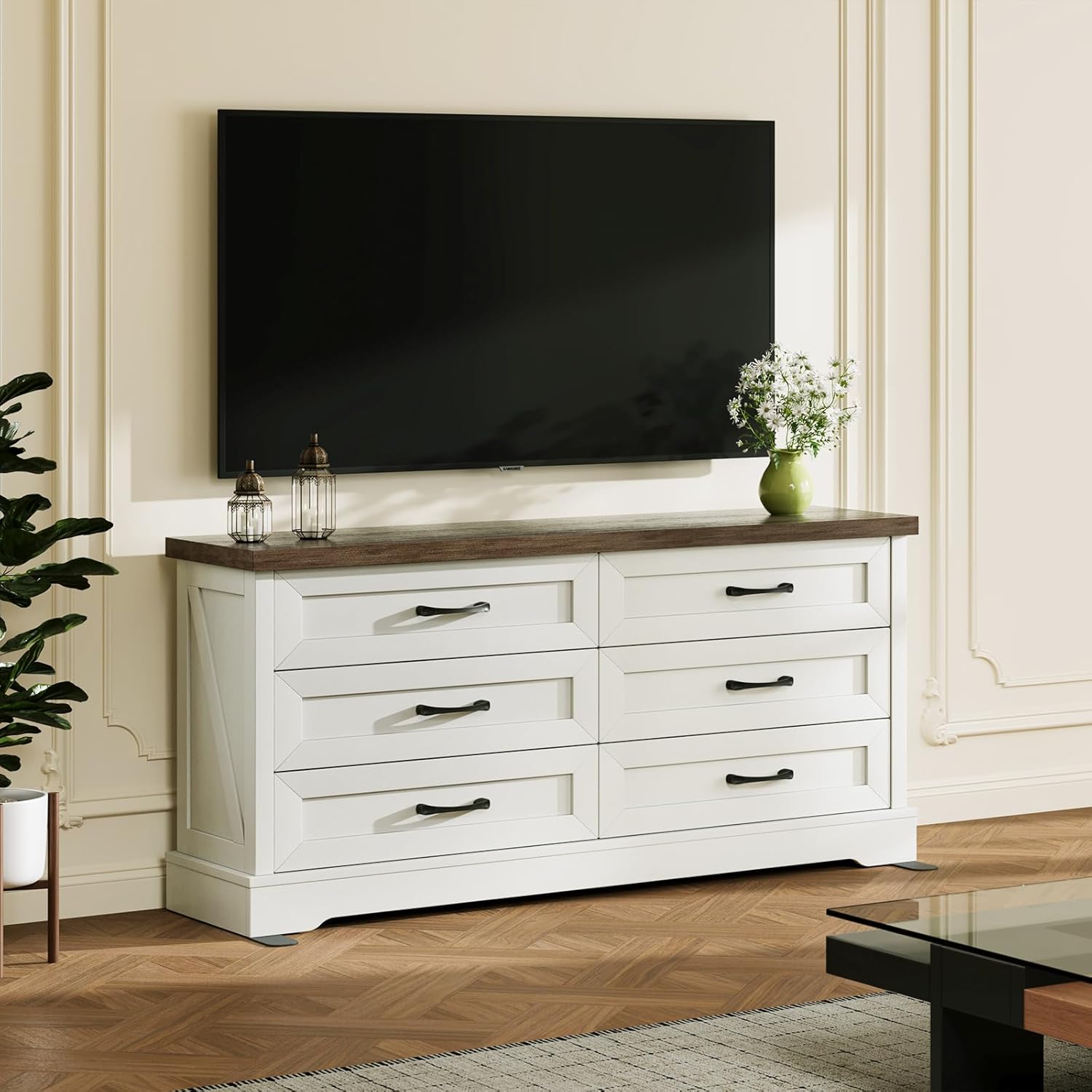 AODK Farmhouse 6-Drawer Dresser for Bedroom, Heavy-Duty Storage Chest with Extra Thick Boards & Metal Handles, Sturdy Chest of Drawers, Anti-Tipping Safety Certified, White & Walnut
