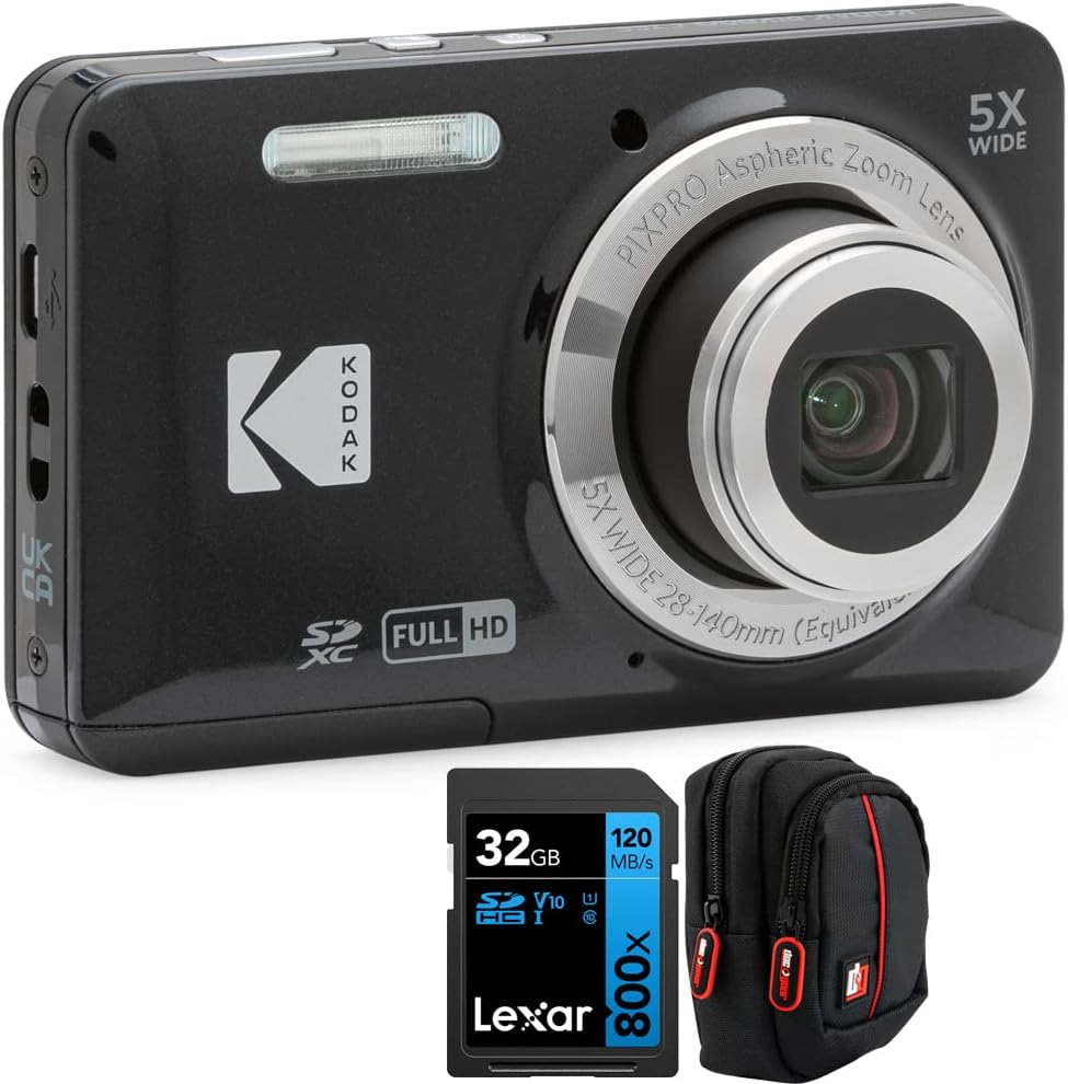 Kodak PIXPRO FZ55 Digital Camera, Black Bundle with Lexar 32GB High-Performance 800x UHS-I SDHC Memory Card + Deco Photo Point and Shoot Field Bag Camera Case