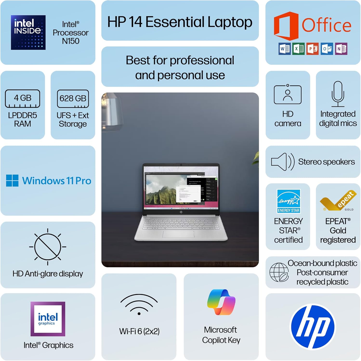 HP 14” Ultra Light Thin Laptop Computer 2026 Premium, MS Office, Copilot AI, 4-Core Intel CPU, 4GB DDR5 RAM, 628GB Storage (128GB UFS+500GB Ext), Long Battery, MarxsolAccessory, Win 11 Pro, Silver