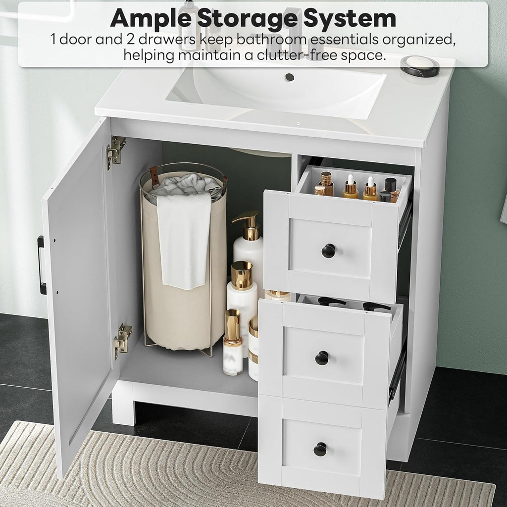 LIKIMIO 30" Bathroom Vanity with Sink, Freestanding Bathroom Vanity with 1 Soft-Close Door & 2 Drawers, Integrated Rectangular Ceramic Sink, Modern Bathroom Storage Cabinet, Easy Assembly, White