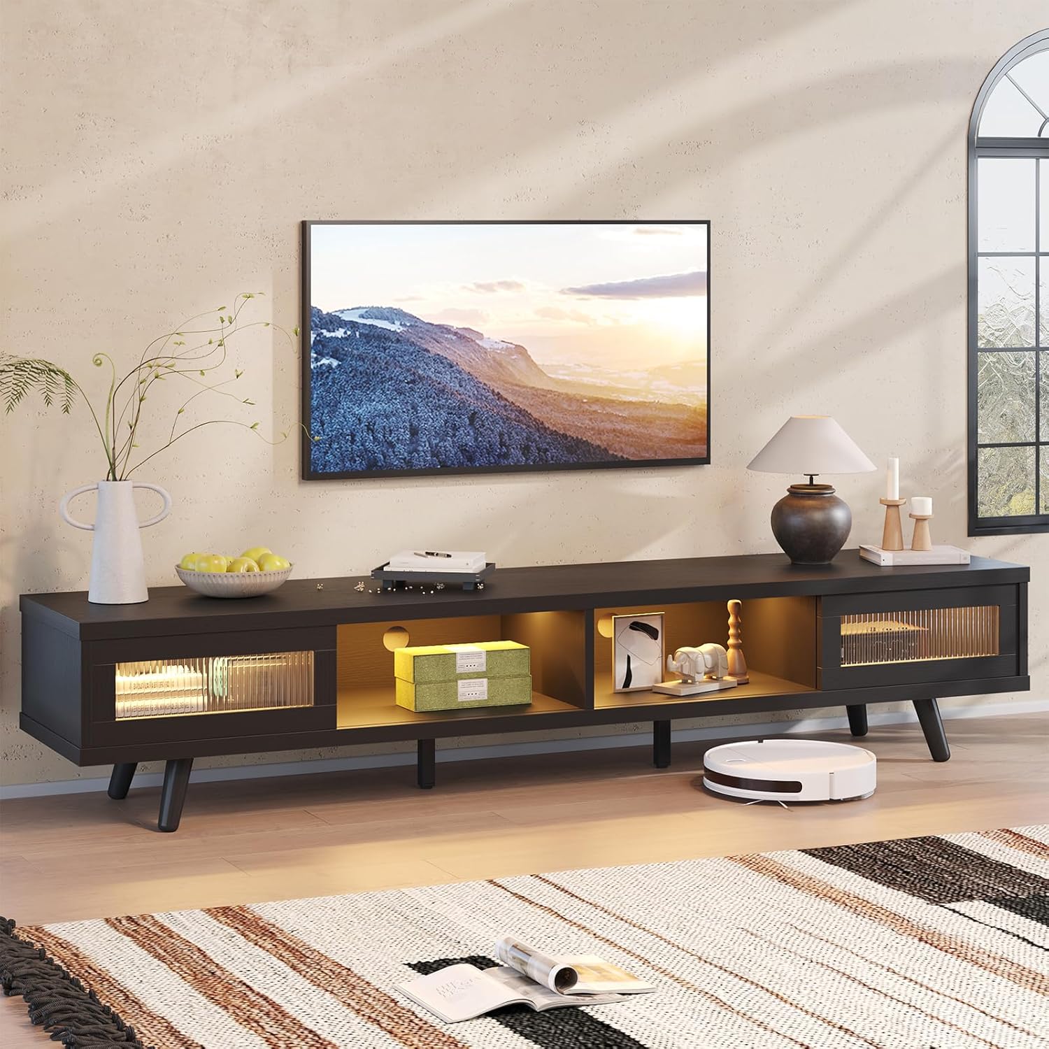 Bestier Mid Century Modern TV Stand for 75 inch TV, LED Entertainment Center with Storage and Sliding Doors, Low Profile TV Consoles for Living Room, Embossed Black