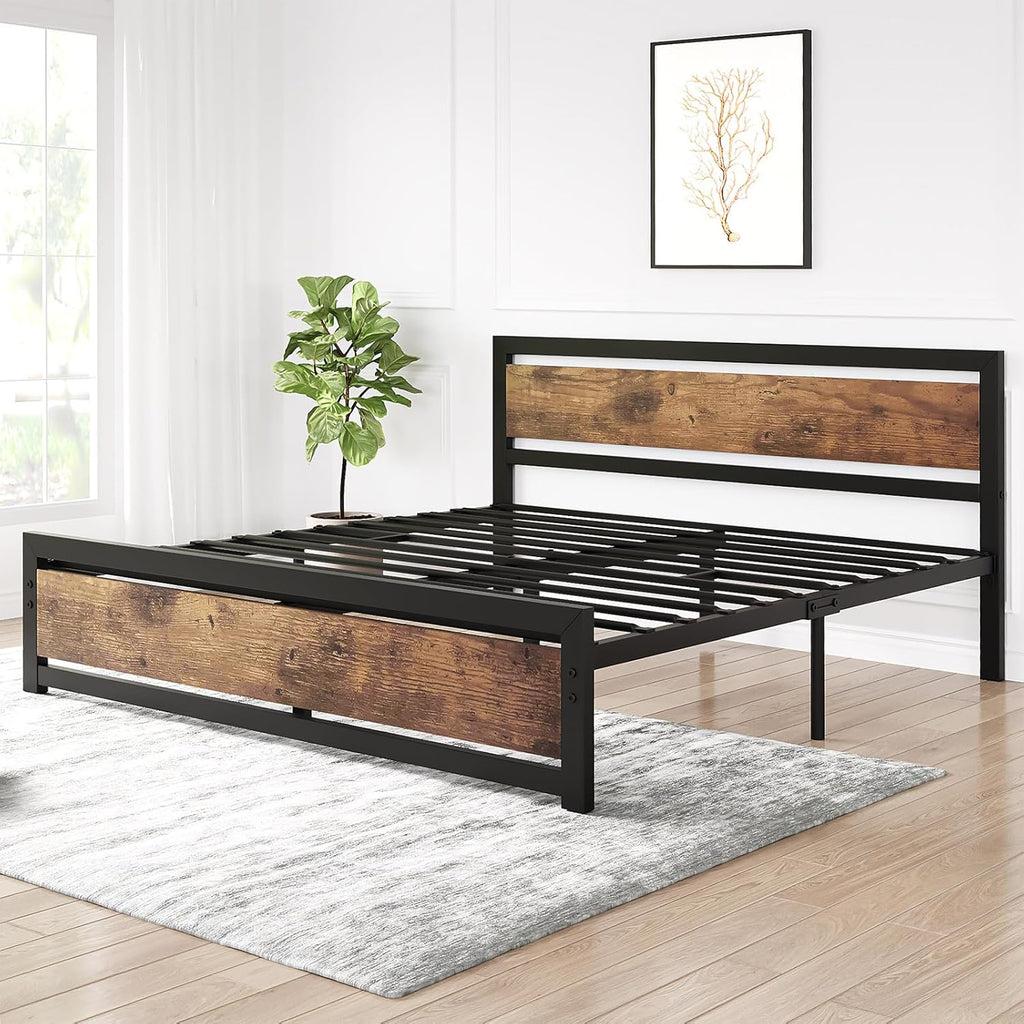 IDEALHOUSE King Size Bed Frame with Wooden Headboard and Footboard, Industrial King Bed Platform No Box Spring Needed, 14 Inch Easy Assemble Mattress Bedframe