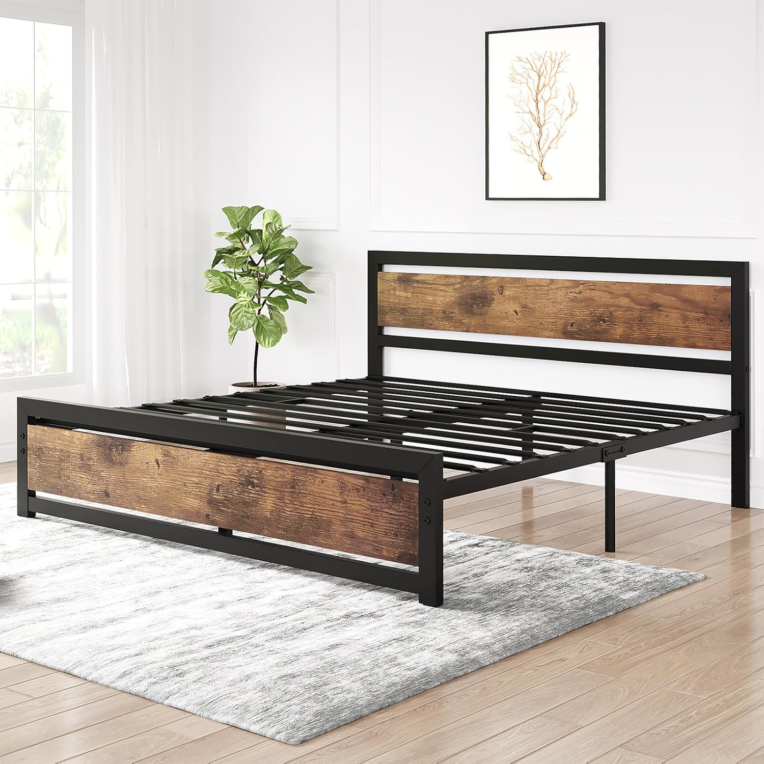 IDEALHOUSE King Size Bed Frame with Wooden Headboard and Footboard, Industrial King Bed Platform No Box Spring Needed, 14 Inch Easy Assemble Mattress Bedframe