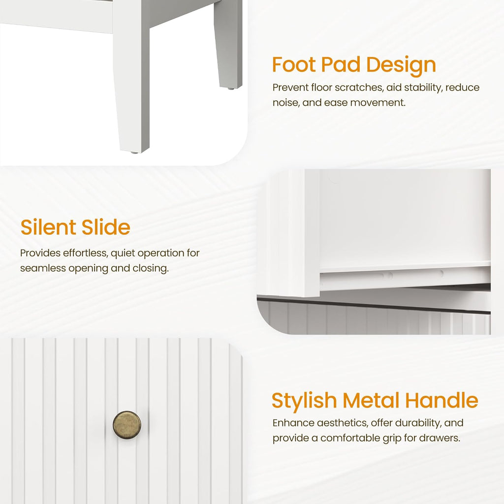 RoyalCraft Fluted Nightstand Set of 2 with Charging Station, White End Table with 2 Silent Slide Drawers & Storage Shelf, Modern Side Table, Wood Night Stand Cabinet for Bedroom