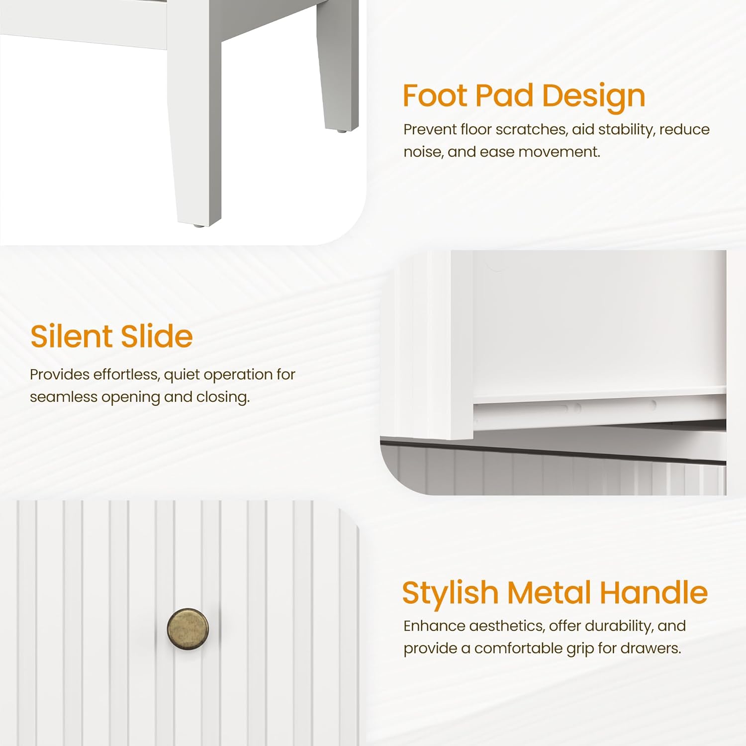 RoyalCraft Fluted Nightstand Set of 2 with Charging Station, White End Table with 2 Silent Slide Drawers & Storage Shelf, Modern Side Table, Wood Night Stand Cabinet for Bedroom