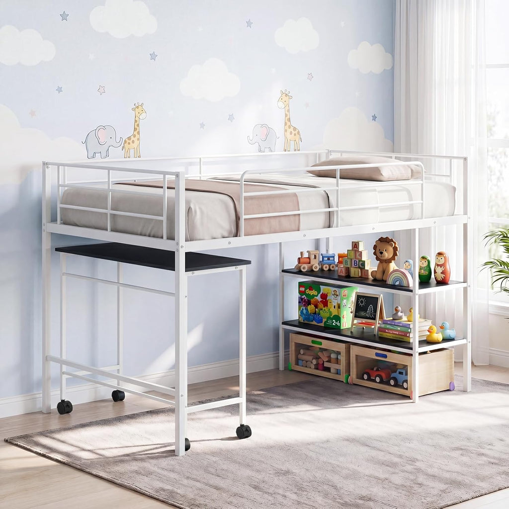 Giantex Low Loft Bed with Desk & Bookshelf, Twin Size Platform Bedframe w/Sturdy Metal Slats, Storage Bookcase & Rolling Desk, Kids Loft Bed for Boys Girls, No Box Spring Needed (White)