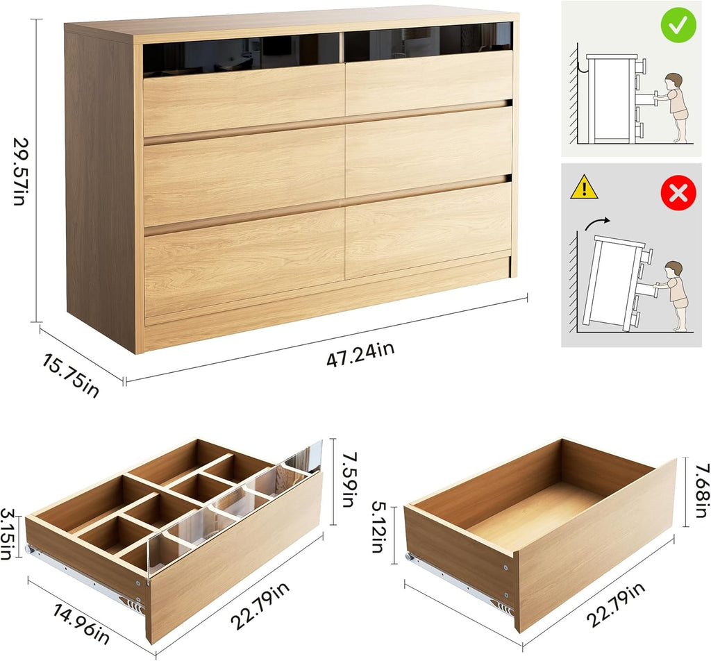 Jocoevol Modern LED 6 Drawer Dresser for Bedroom, Large Chest of Drawers with Hidden Handles, Long Double Wooden Dresser Closet for Living Room, Entryway, Hallway - Natural Oak