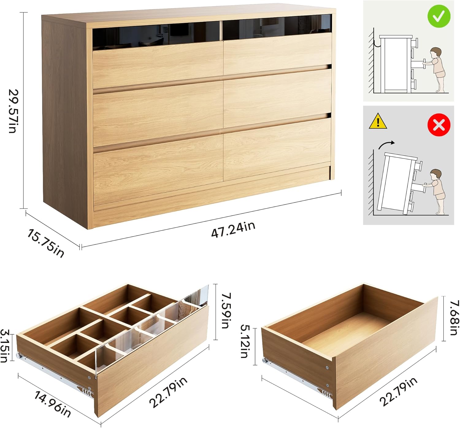 Jocoevol Modern LED 6 Drawer Dresser for Bedroom, Large Chest of Drawers with Hidden Handles, Long Double Wooden Dresser Closet for Living Room, Entryway, Hallway - Natural Oak