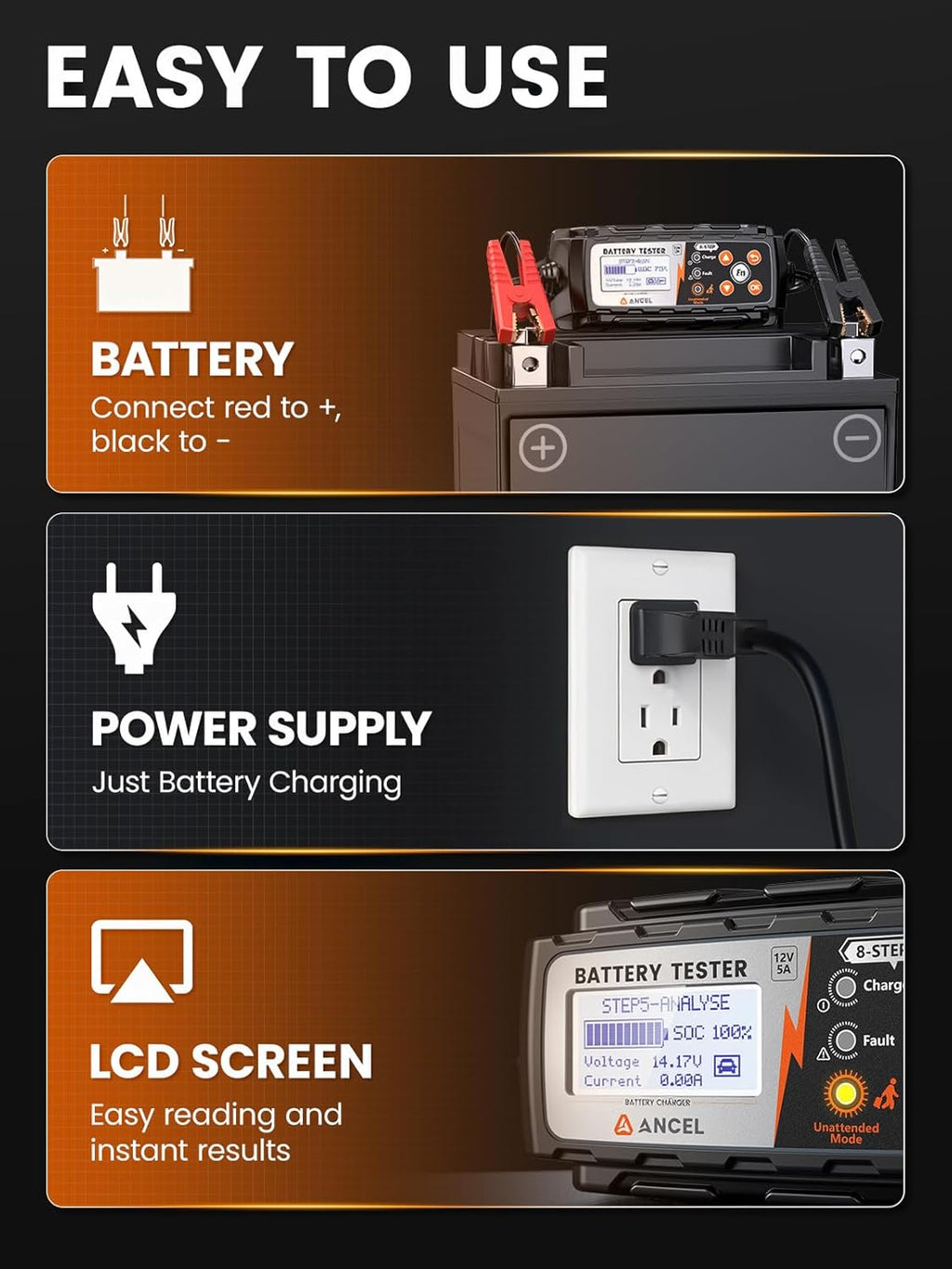 ANCEL BT521 4-in-1 Car Battery Charger, Tester, Maintainer and Desulfator for 12V Lead-Acid Batteries, 5A Smart Trickle Charger with Overcharge Protection & Temperature Compensation, LCD Display