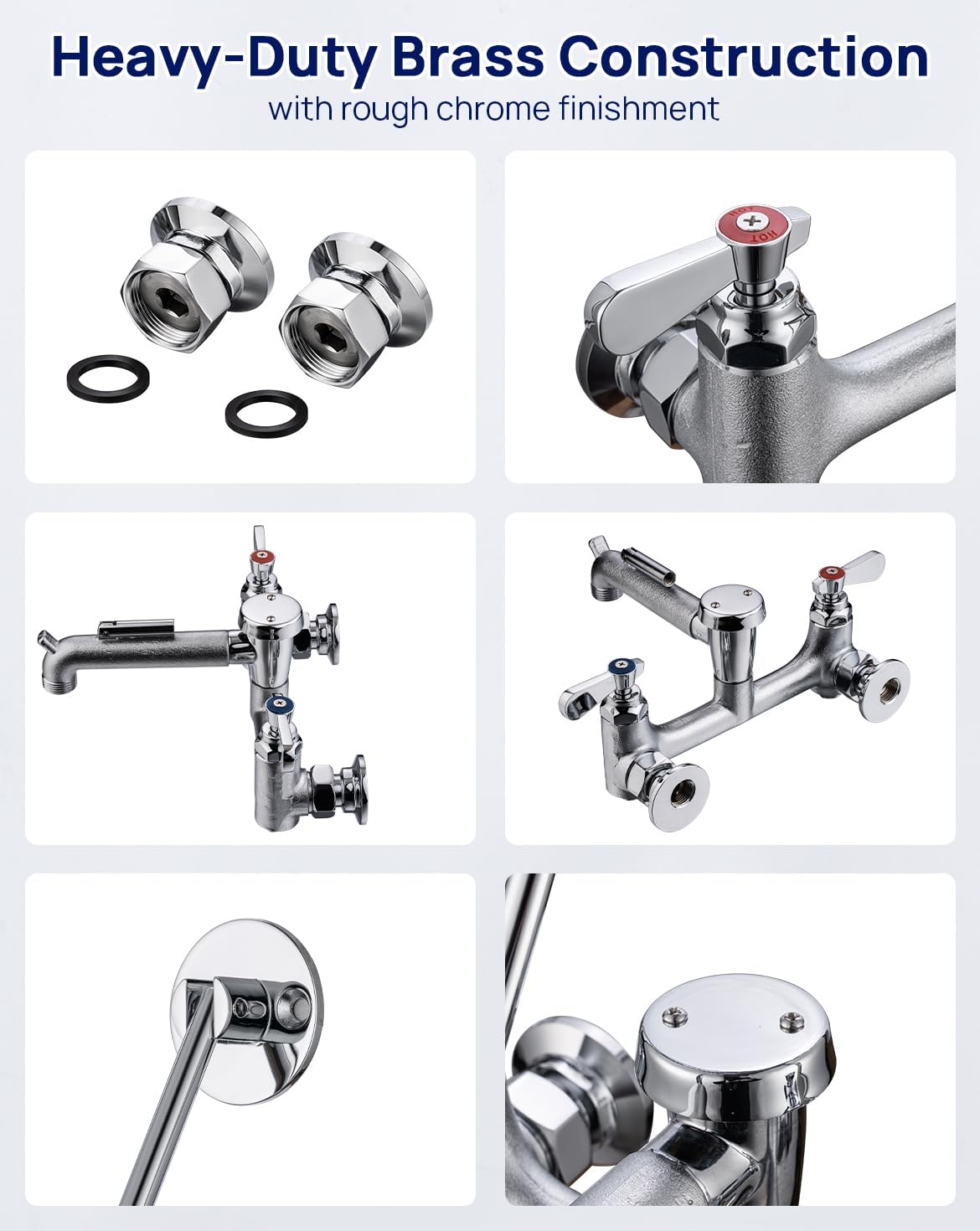 Commercial Mop Sink Faucet 8" Center Wall Mount, Heavy-Duty Service Sink Faucet with Vacuum Breaker 3/4" Hose Thread, for Industrial Outdoor Janitor Floor Mop Sink, Brass Casted Chrome Finish