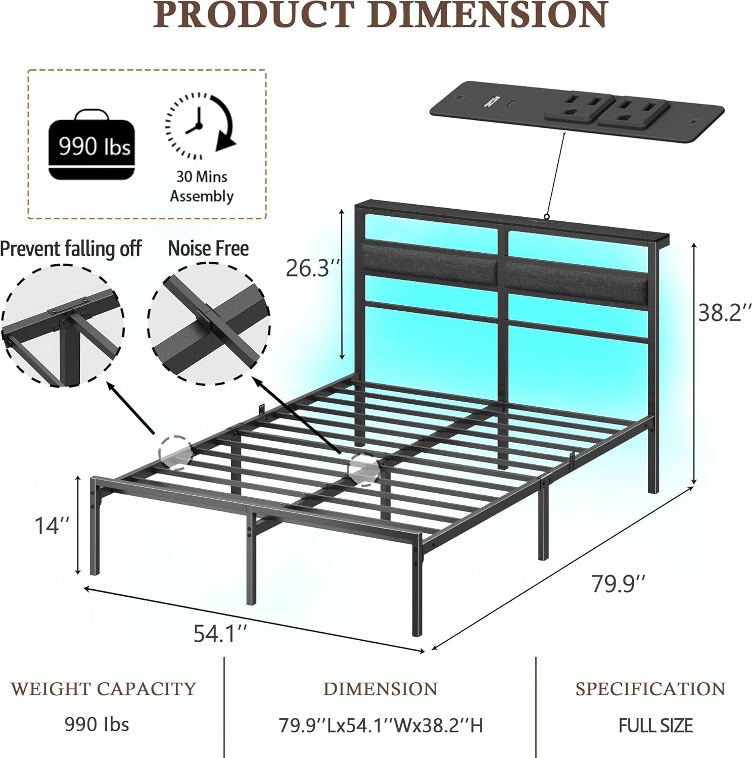 OURPIC Full Size Bed Frame with Headboard, Bed Frame Full Size with LED Light and Charging Station, Black Metal Platform Bedframe and Storage Shelf, No Box Spring Needed, Noise Free