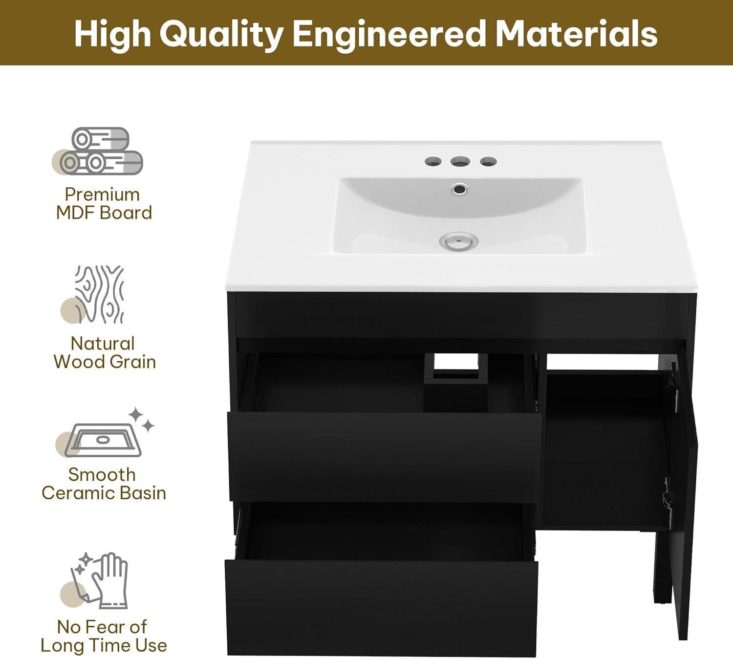 DWVO 36 Inch Bathroom Vanity with Sink, Bathroom Vanity Cabinet, Modern Bathroom Storge Vanity Includes Adjustable Legs, Soft Closing Door, 2 Drawers & Drain