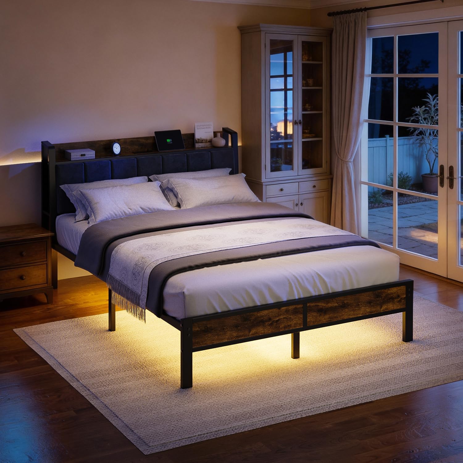 Queen Size Bed Frame with Wood Headboard, Metal Platform Bed with USB Charging Station and Smart LED Lights, No Box Spring Needed, Easy Assembly