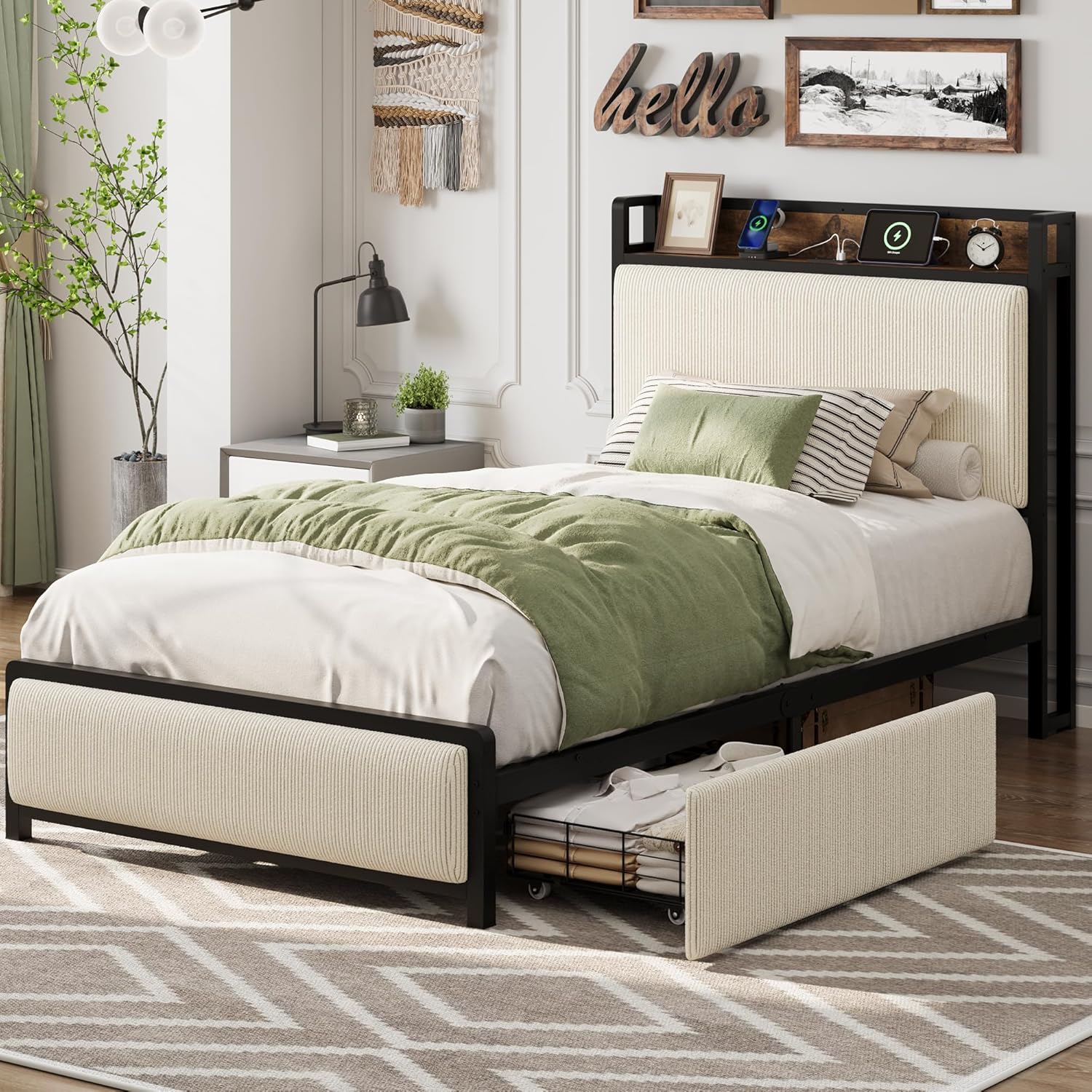 Twin Size Bed Frame with 2 Storage Drawers and Charging Station, Rustic Linen Upholstered Platform Bedframe with Storage Headboard, Heavy Duty, No Box Spring Needed, Easy Assembly, Noise Free, Beige