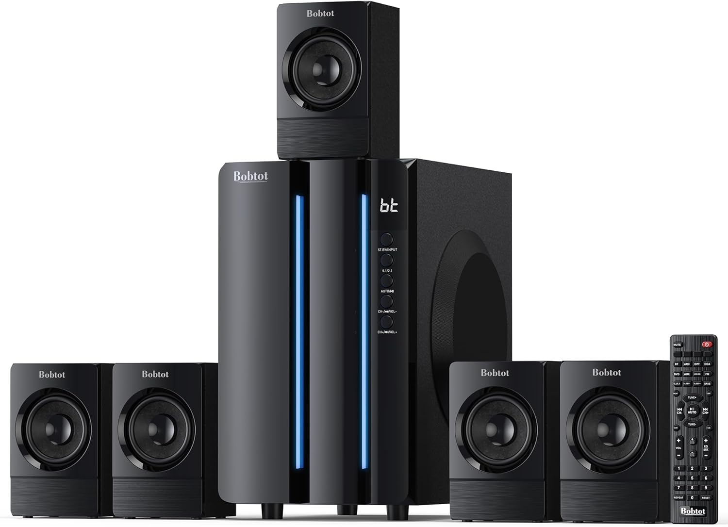Bobtot Surround Sound Systems Home Theater System - 800 Watts Peak Power 6.5" Subwoofer 5.1 Wired Stereo Speakers Strong Bass with ARC Optical AUX Bluetooth Input