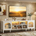 IRONCK TV Stand for 75 Inch TV, 71" Entertainment Center with Power Outlet & LED Light, Modern Media TV Console with Arched Glass Doors and Storage Cabinets for Living Room, White